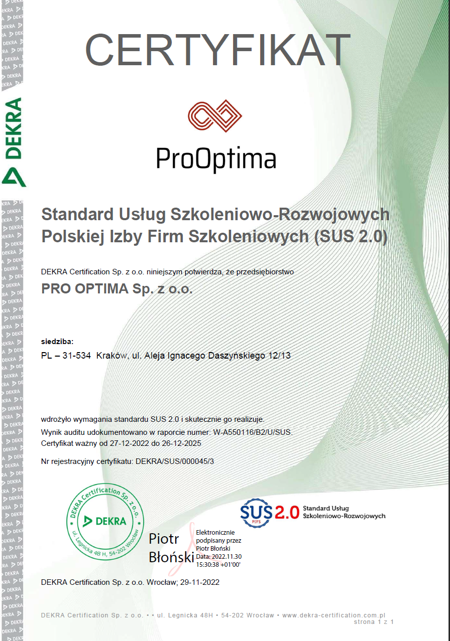 Certyfikat-SUS-2.0-ProOptima-2022-2025 potwierdzający jakość usług szkoleniowych i dorarczych